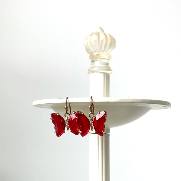 Gold and Red Butterfly Drop Earrings - Picture 2 of 6